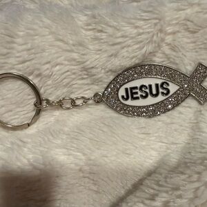 Rhinestone Jesus Fish Keychain in Silver